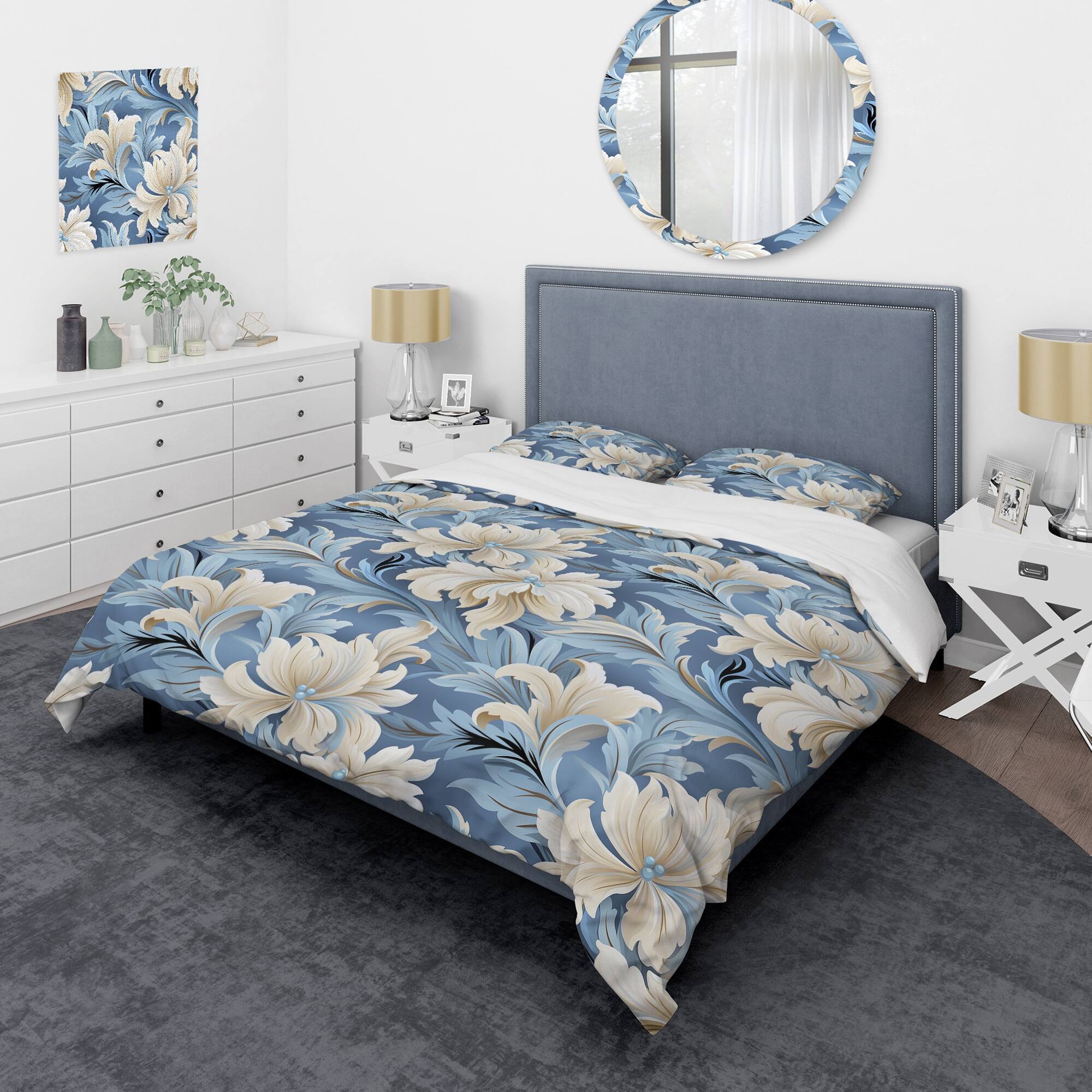 Designart "White And Blue Damask Flowering II" Beige Damask bed cover set with 2 shams Bed